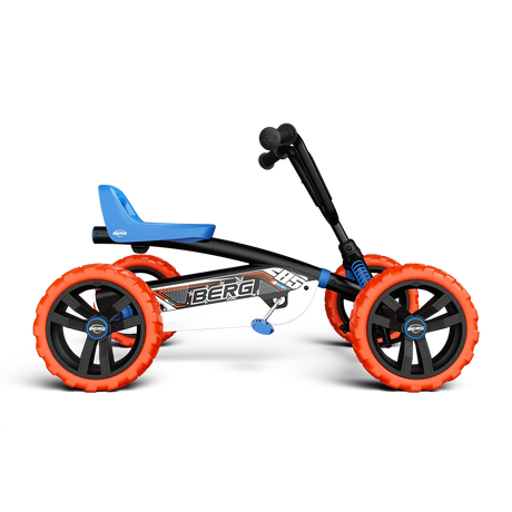 Side view of BERG Buzzy Nitro pedal go-kart with blue seat, black frame and orange wheels