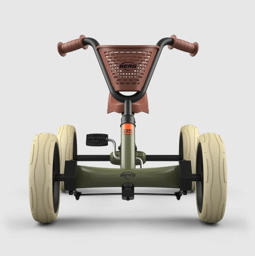 Head-on view of BERG Buzzy Retro Green go-kart showing handlebar and seat – Ireland