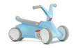 Angled view of blue BERG GO² ride-on with grey saddle, grey handlebar and white wheels on a white background