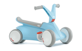 Angled view of blue BERG GO² ride-on with grey saddle, grey handlebar and white wheels on a white background