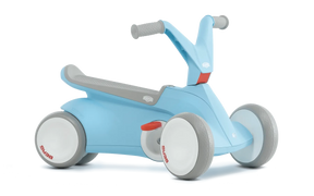 Angled view of blue BERG GO² ride-on with grey saddle, grey handlebar and white wheels on a white background