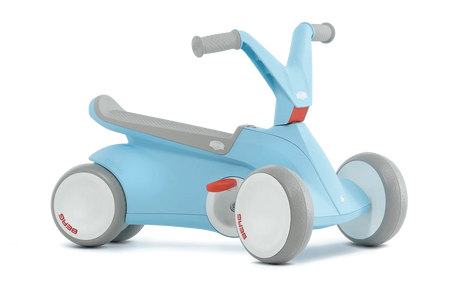 Angled view of blue BERG GO² ride-on with grey saddle, grey handlebar and white wheels on a white background