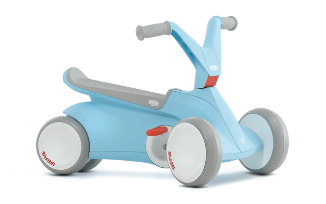 Angled view of blue BERG GO² ride-on with grey saddle, grey handlebar and white wheels on a white background