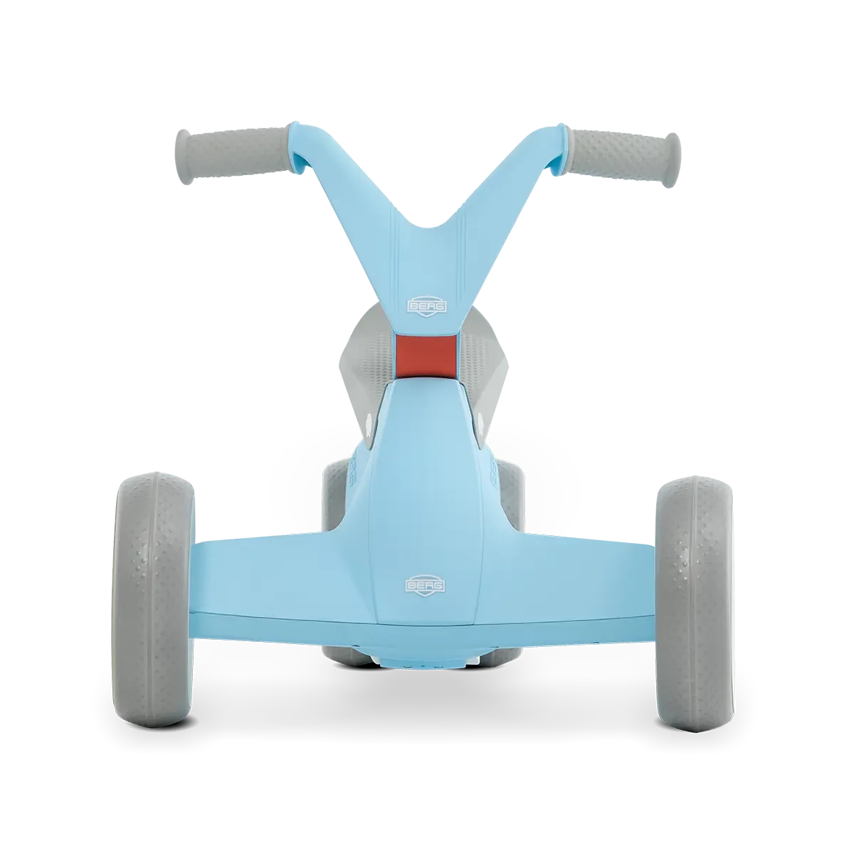 Front view of blue BERG GO² ride-on with grey handlebar and white wheels on a white background
