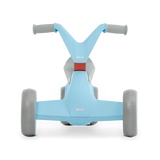 Front view of blue BERG GO² ride-on with grey handlebar and white wheels on a white background