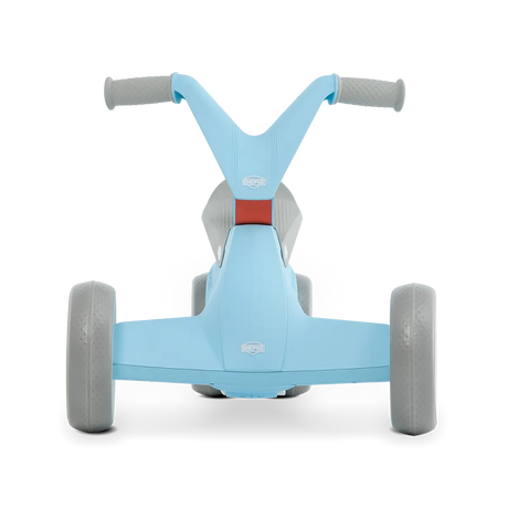 Front view of blue BERG GO² ride-on with grey handlebar and white wheels on a white background