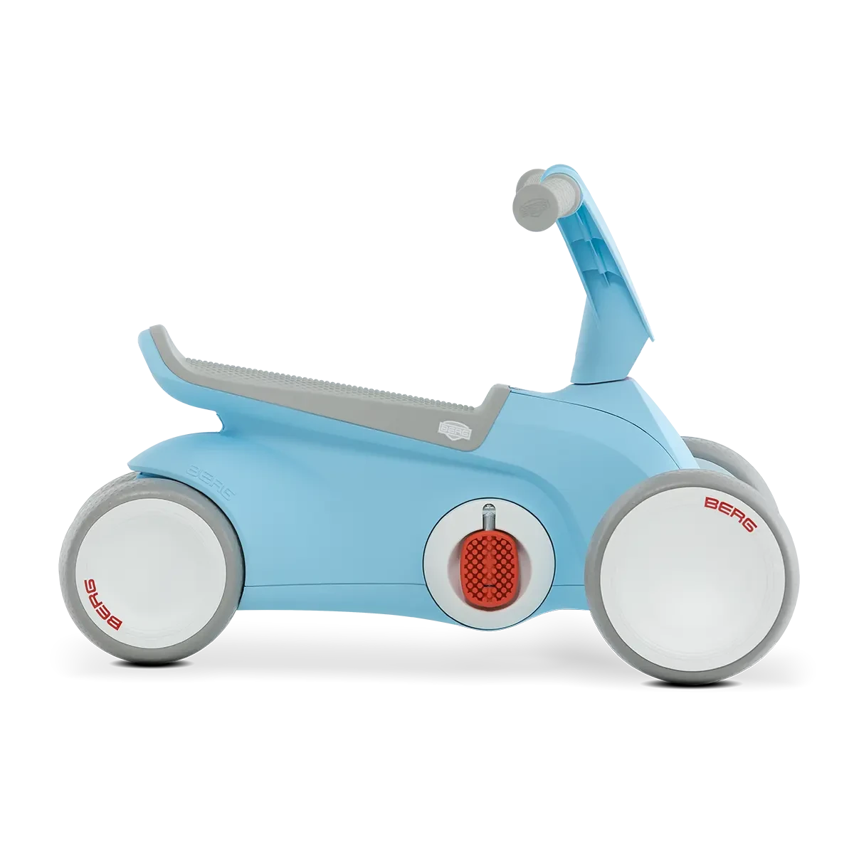 Side view of blue BERG GO² ride-on with grey saddle, grey handlebar and white wheels on a white background