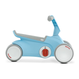 Side view of blue BERG GO² ride-on with grey saddle, grey handlebar and white wheels on a white background