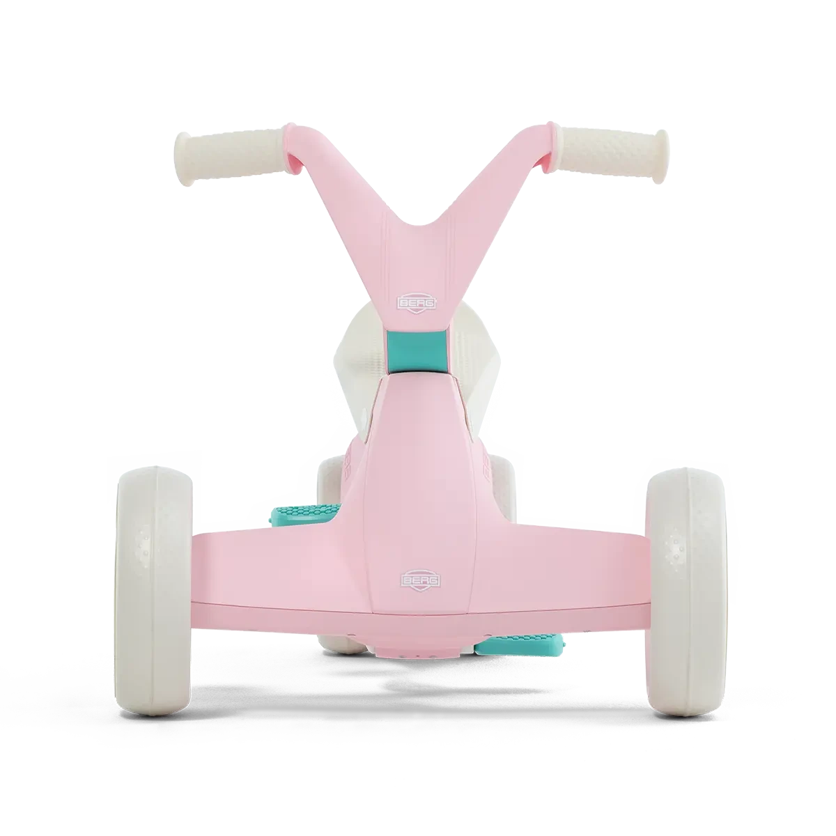 Front view of pink BERG GO² ride-on with white wheels, white handlebar grips and teal pedal details