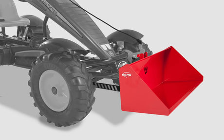 Red BERG Lift Bucket XL mounted on go-kart angled to the left – Ireland