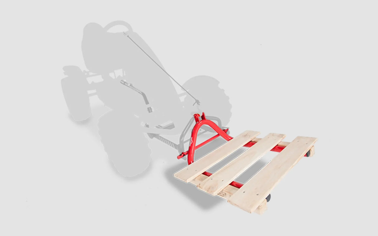 BERG Pallet Fork XL attached to go-kart rear lifting unit with wooden pallet – Ireland