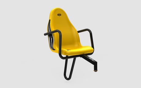 Front angle view of yellow BERG XL John Deere passenger seat with frame armrests – Ireland