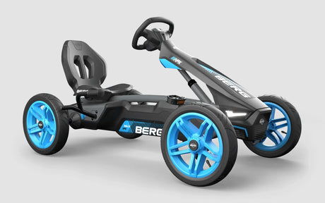 BERG Rally APX Blue pedal go-kart angled side view with blue wheels – Ireland