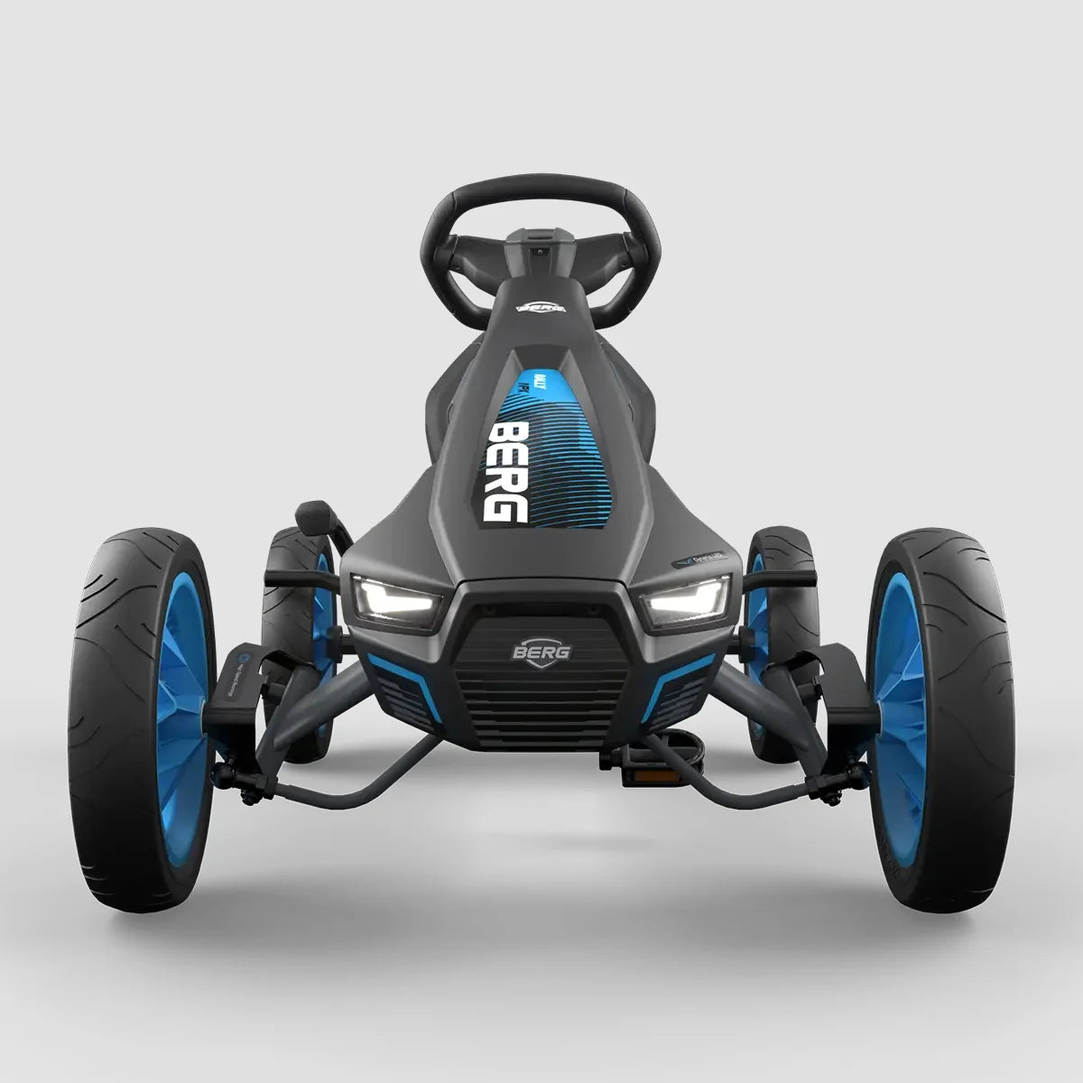 Front view of BERG Rally APX Blue pedal go-kart showing LED lights and steering wheel – Ireland