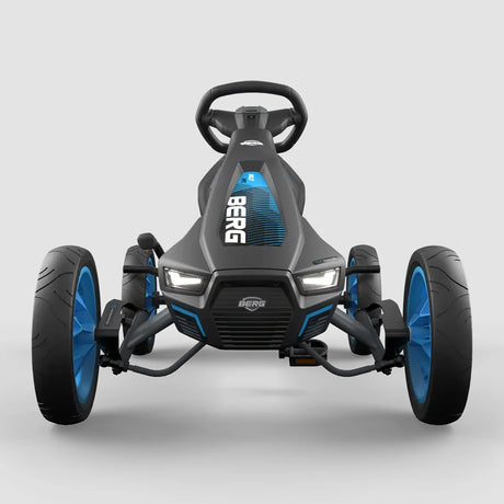 Front view of BERG Rally APX Blue pedal go-kart showing LED lights and steering wheel – Ireland