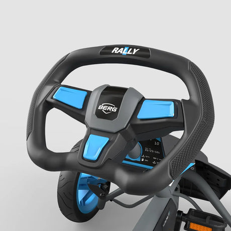 Close-up of BERG Rally APX Blue pedal go-kart steering wheel with blue accents – Ireland