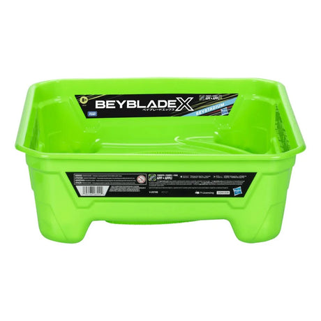 Beyblade X Beystadium Battle Arena front view showing the green exterior with Beyblade X branding label