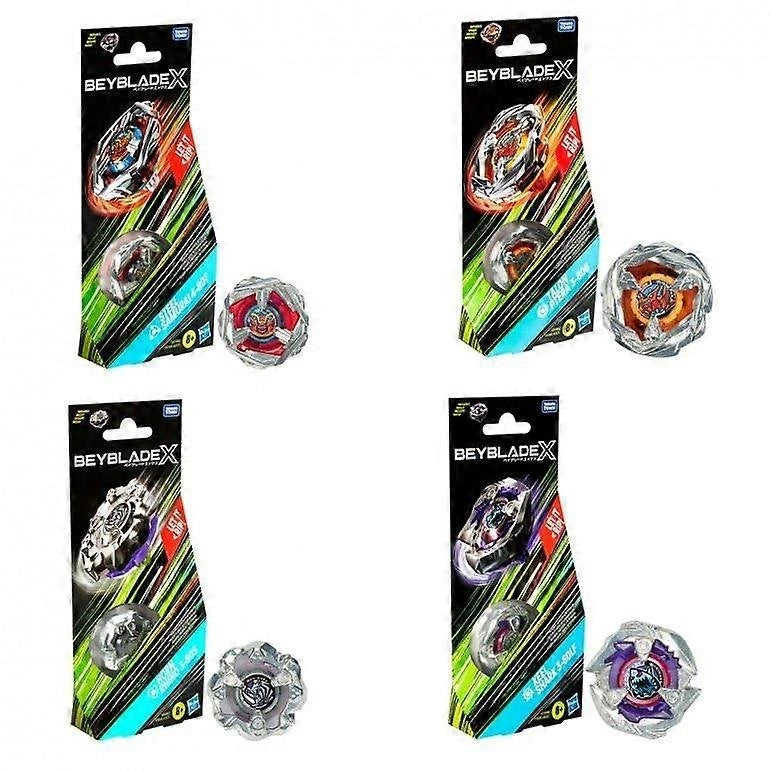 Beyblade X Booster Single Top Assortment showing all four variant packaging options with tops displayed
