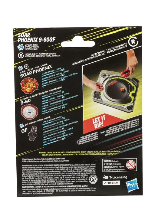 Back of Beyblade X Soar Phoenix packaging showing Blade, Ratchet and Bit performance statistics with a demonstration of the string launcher and Beystadium.