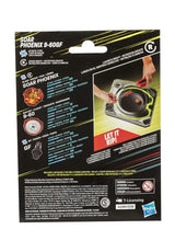 Back of Beyblade X Soar Phoenix packaging showing Blade, Ratchet and Bit performance statistics with a demonstration of the string launcher and Beystadium.
