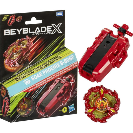 Beyblade X Soar Phoenix 9-60GF Deluxe String Launcher Set showing the retail packaging, red string launcher and red and gold spinning top on a white background.