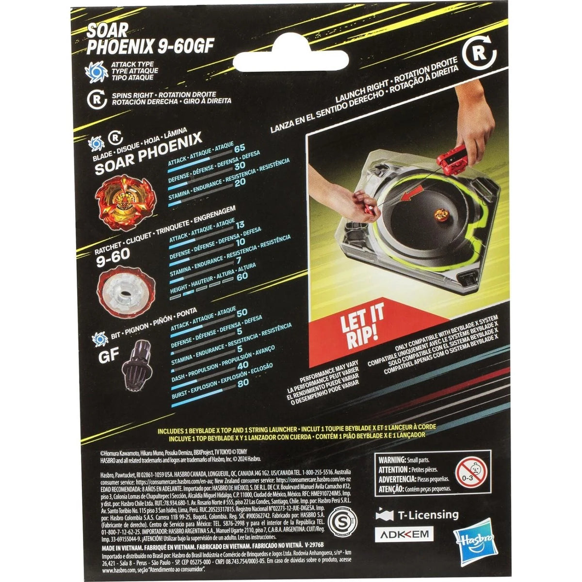 Close-up of Beyblade X Soar Phoenix packaging back showing Attack Type specifications, 9-60 Ratchet, GF Bit statistics and Beystadium launching demonstration.