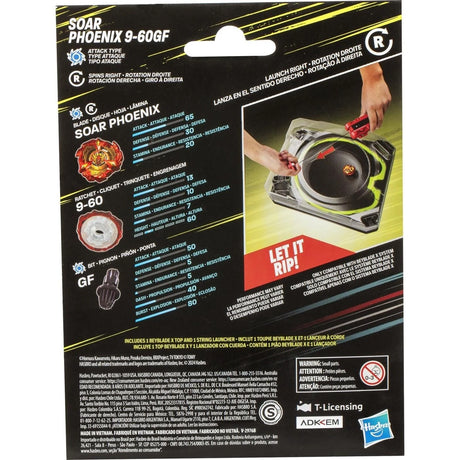 Close-up of Beyblade X Soar Phoenix packaging back showing Attack Type specifications, 9-60 Ratchet, GF Bit statistics and Beystadium launching demonstration.