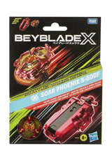 Front of Beyblade X Soar Phoenix 9-60GF retail packaging featuring Phoenix artwork, red Deluxe String Launcher illustration and visible spinning top.