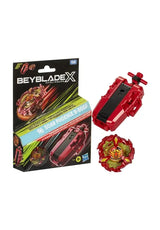 Beyblade X Soar Phoenix 9-60GF set showing the retail box beside the red Deluxe String Launcher and matching red and gold Beyblade top.