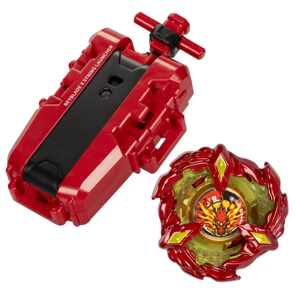 Beyblade X Soar Phoenix 9-60GF red and gold spinning top with Phoenix emblem displayed beside the matching red and black Deluxe String Launcher.
