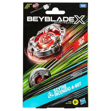 Beyblade X Starter Pack Scythe Incendio 4-60T packaging front view showing red balance type top and launcher