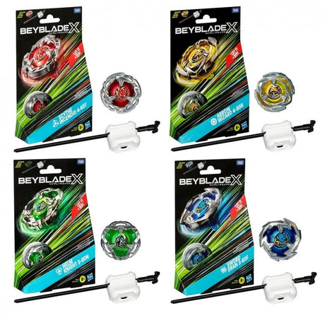 Beyblade X Starter Pack Assortment four pack variants showing Scythe Incendio, Arrow Wizard, Helm Knight and Sword Dran packaging