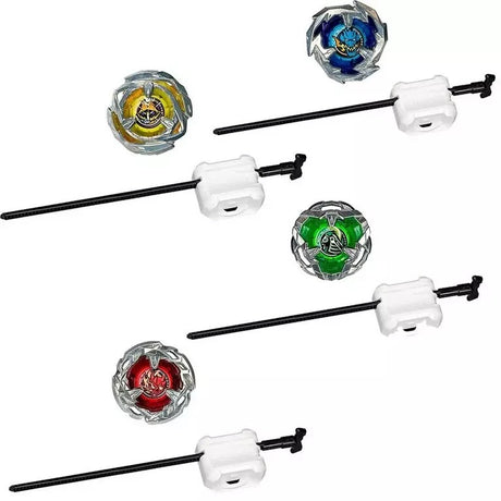 Beyblade X Starter Pack Assortment showing all four tops with launchers including red, gold, green and blue variants