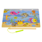 Wooden magnetic fishing game board with seven colourful sea creature pieces and a fishing rod