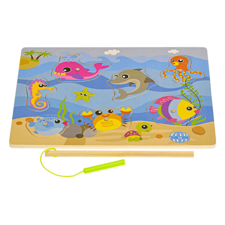 Wooden magnetic fishing game board with seven colourful sea creature pieces and a fishing rod