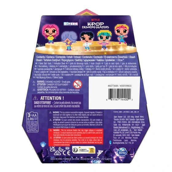 Back of Bitzee KPop Demon Hunters retail packaging with five pixel-style character illustrations, product information, battery requirements, warnings and barcode.