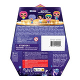Back of Bitzee KPop Demon Hunters retail packaging with five pixel-style character illustrations, product information, battery requirements, warnings and barcode.