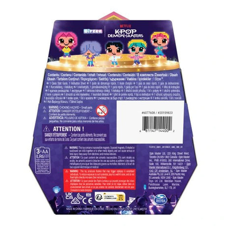 Back of Bitzee KPop Demon Hunters retail packaging with five pixel-style character illustrations, product information, battery requirements, warnings and barcode.