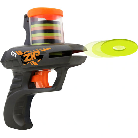 Blackfire Duel Zipshot foam disc shooter side view with green foam disc shown in front