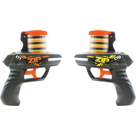 Two Blackfire Duel Zipshot foam disc shooters with stacked foam discs