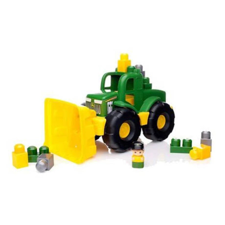 Blocks Kingdom Giant Farm Tractor with Bricks in green and yellow with the front loader, loose block pieces and a small figure