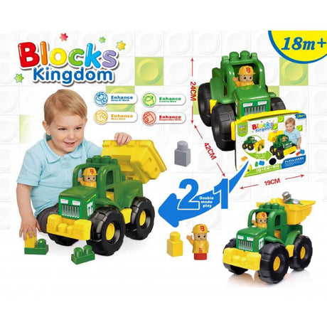 Blocks Kingdom Giant Farm Tractor with Bricks packaging collage showing a child with the tractor, box art, dimensions, figure and block pieces