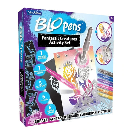 Blopens Fantastic Creatures Activity Set box angled view showing the pens, creature stencils and metallic airbrush artwork