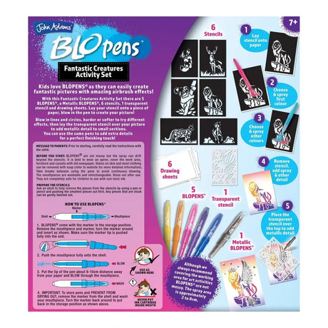 Back of Blopens Fantastic Creatures Activity Set box showing the 6 creature stencils, 5 Blopens, metallic pen and step by step instructions