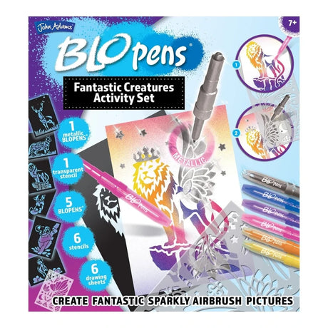 Front of Blopens Fantastic Creatures Activity Set box showing 5 Blopens, 6 stencils, metallic pen and finished lion artwork
