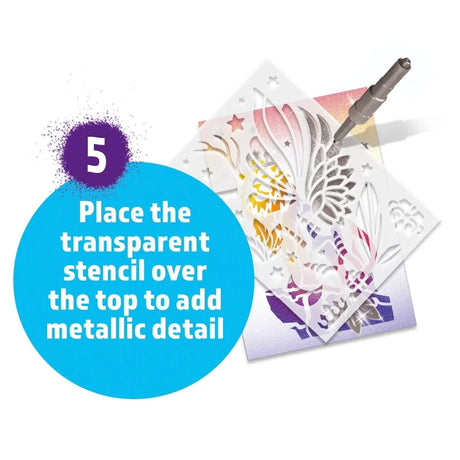 Blopens Fantastic Creatures step showing the transparent stencil placed over finished artwork to add metallic details