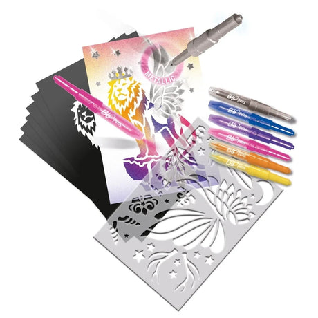 Blopens Fantastic Creatures set contents with 5 Blopens, metallic pen, creature stencils, transparent stencil and drawing sheets