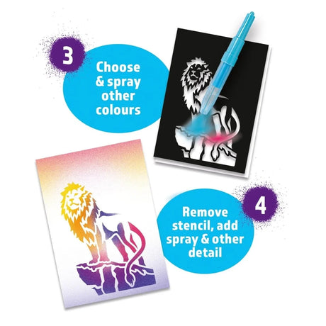 Blopens Fantastic Creatures steps showing additional colours sprayed through the lion stencil before removing the stencil