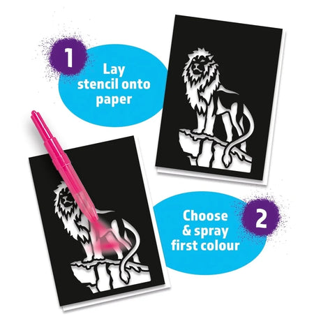 Blopens Fantastic Creatures steps showing the lion stencil placed on paper and the first colour sprayed with a pink Blopen