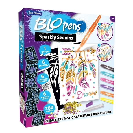 Blopens Sparkly Sequins box angled view showing 6 Blopens, 6 reusable stencils, glue pen and 200 sequins